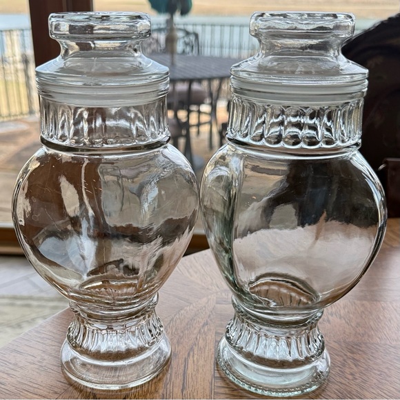 Other - Set 2 Vintage Clear Glass Apothecary Candy Jars Pedestal Ribbed Collar Canada 9"